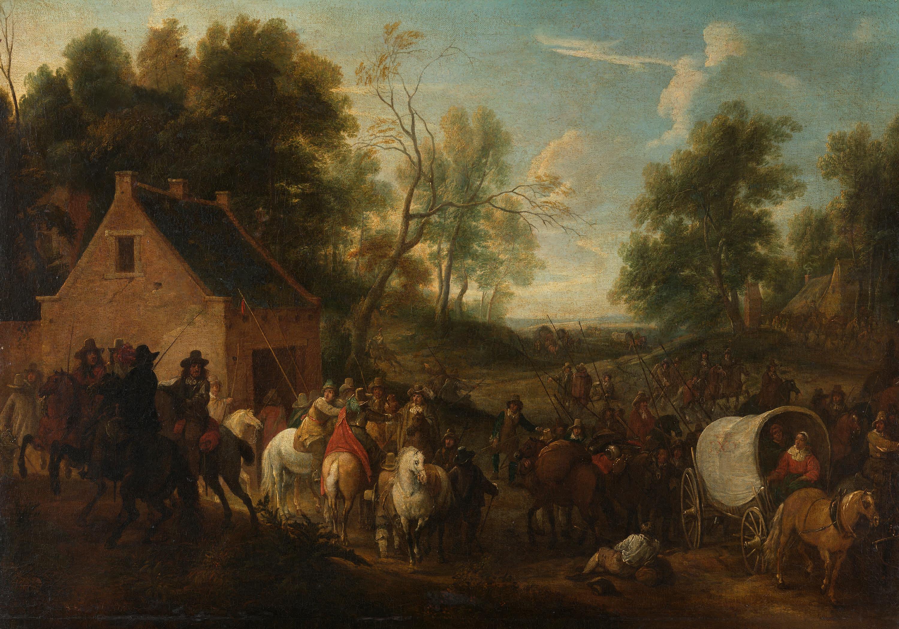 Soldaten ziehen durch ein Dorf