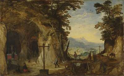 Landschaft mit Felskapelle und Pilgern