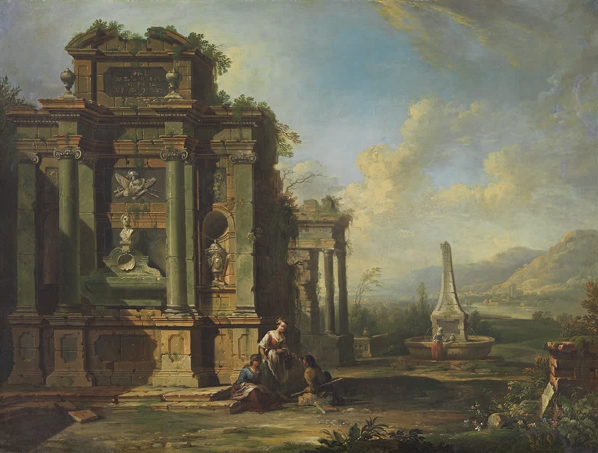 Ruinenlandschaft mit Grabmal und Brunnen