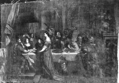 Herodias bringt das Haupt Johannes des Täufers zur Tafel