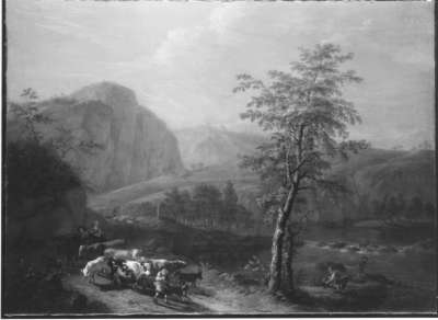 Gebirgslandschaft mit Vieh und Hirten