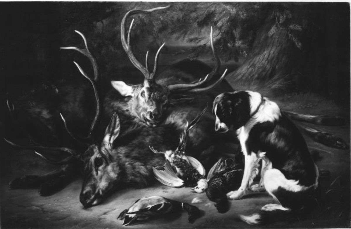 Jagdstillleben mit toten Hirschen und Vögeln