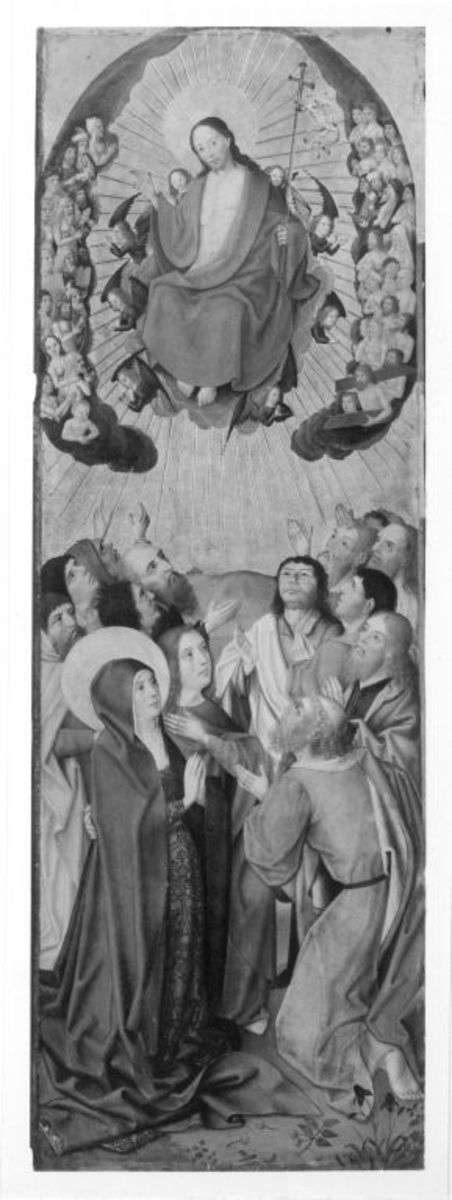 Sieben-Freuden-Altar: Himmelfahrt Christi
Rückseite: Kreuztragung und Beweinung Christi (Fragment) mit hl. Abt und zwei Stifterinnen