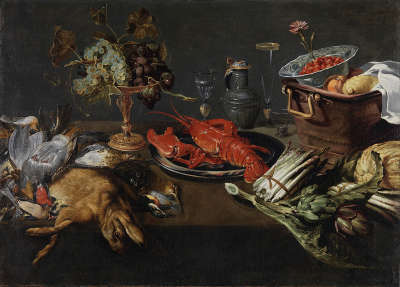 Stillleben mit Wild, Hummer, Früchten und Gemüse