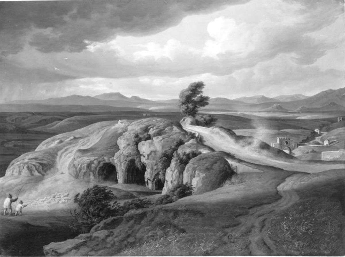 Campagnalandschaft mit Felsenhöhle und Brücke