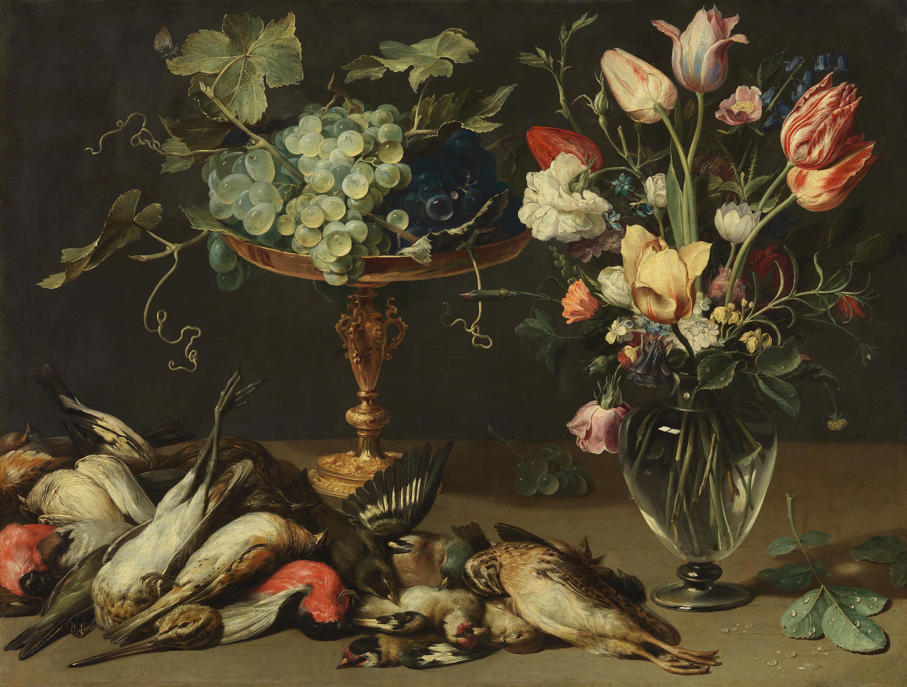 Stillleben mit Trauben, Blumen und toten Vögeln