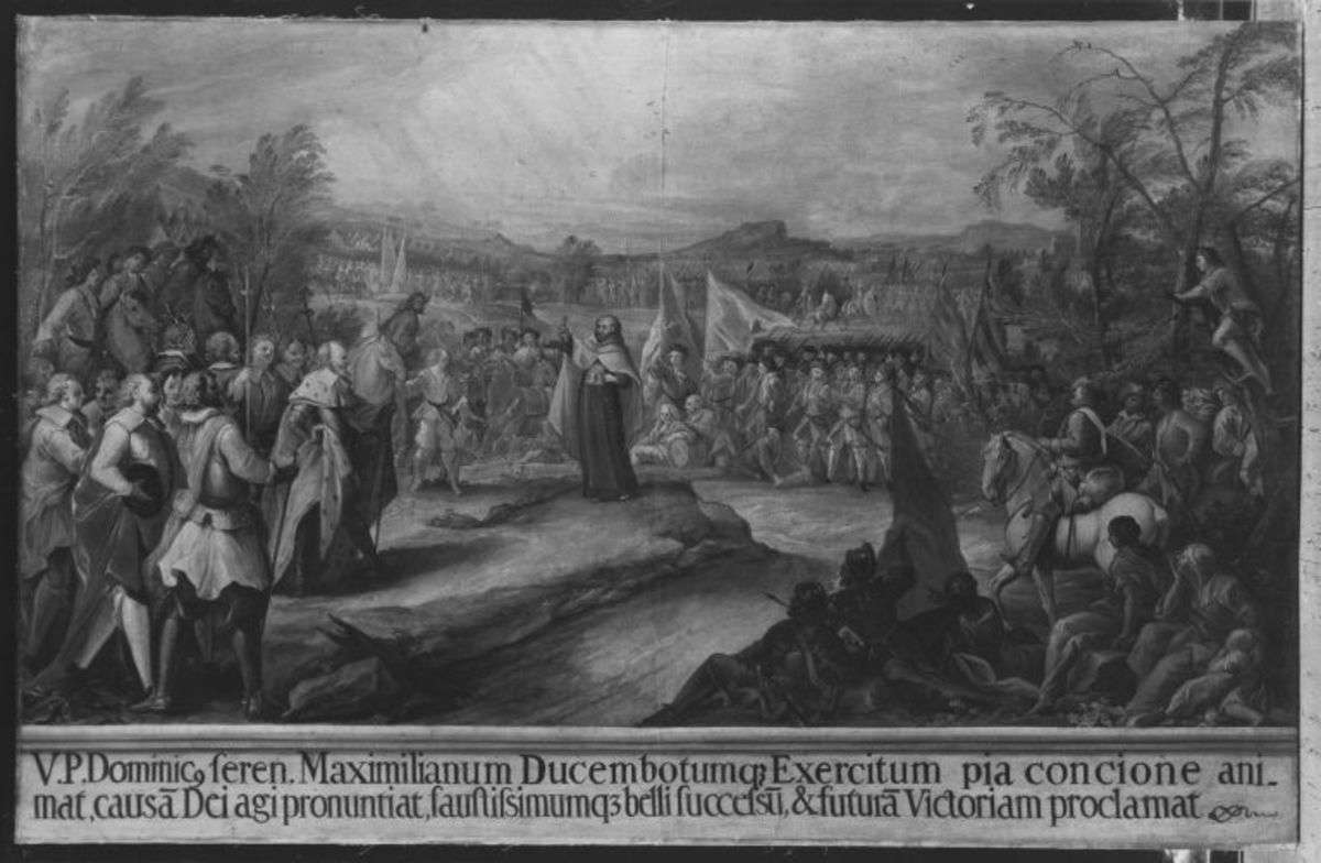 Der Pater predigt mit erhobenen Kreuze vor Herzog, Führern und Soldaten
