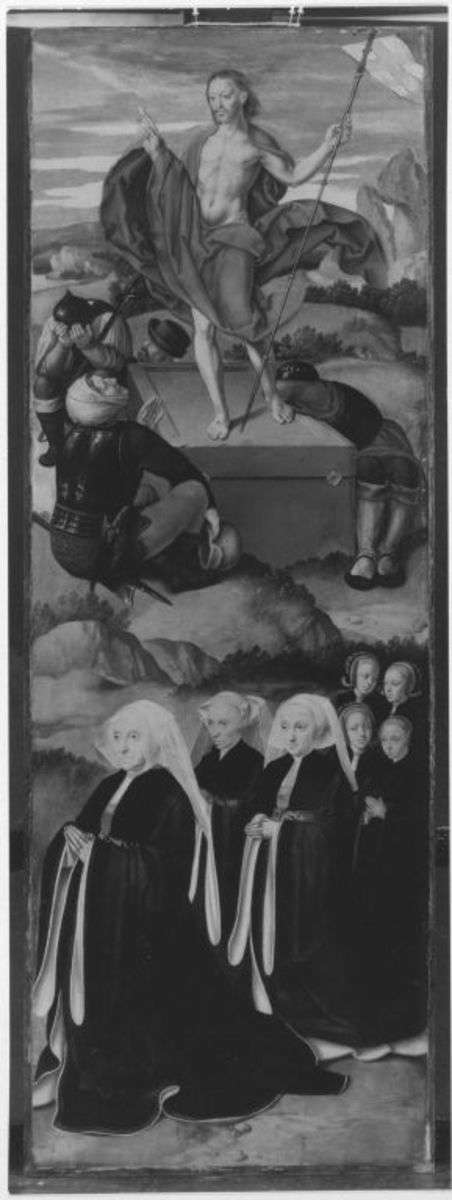 Flügelaltar: Auferstehung Christi und sieben Stifterinnen
Rückseite: Marmorimitation