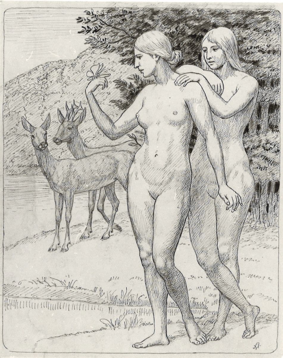 Zwei weibliche Akte mit Rehen in Landschaft
Rückseite: Gemalte Landschaft