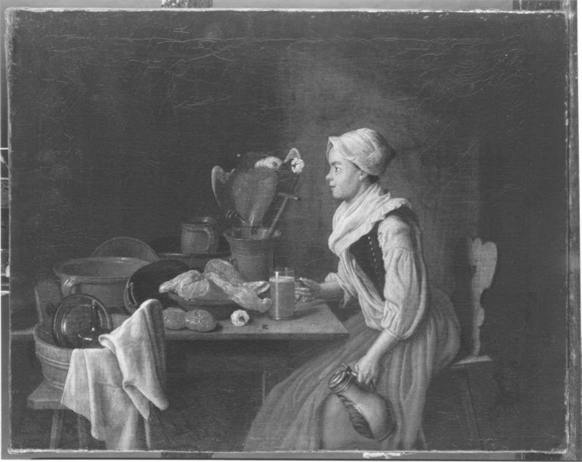 Küchenstillleben mit weiblicher Figur und Papagei