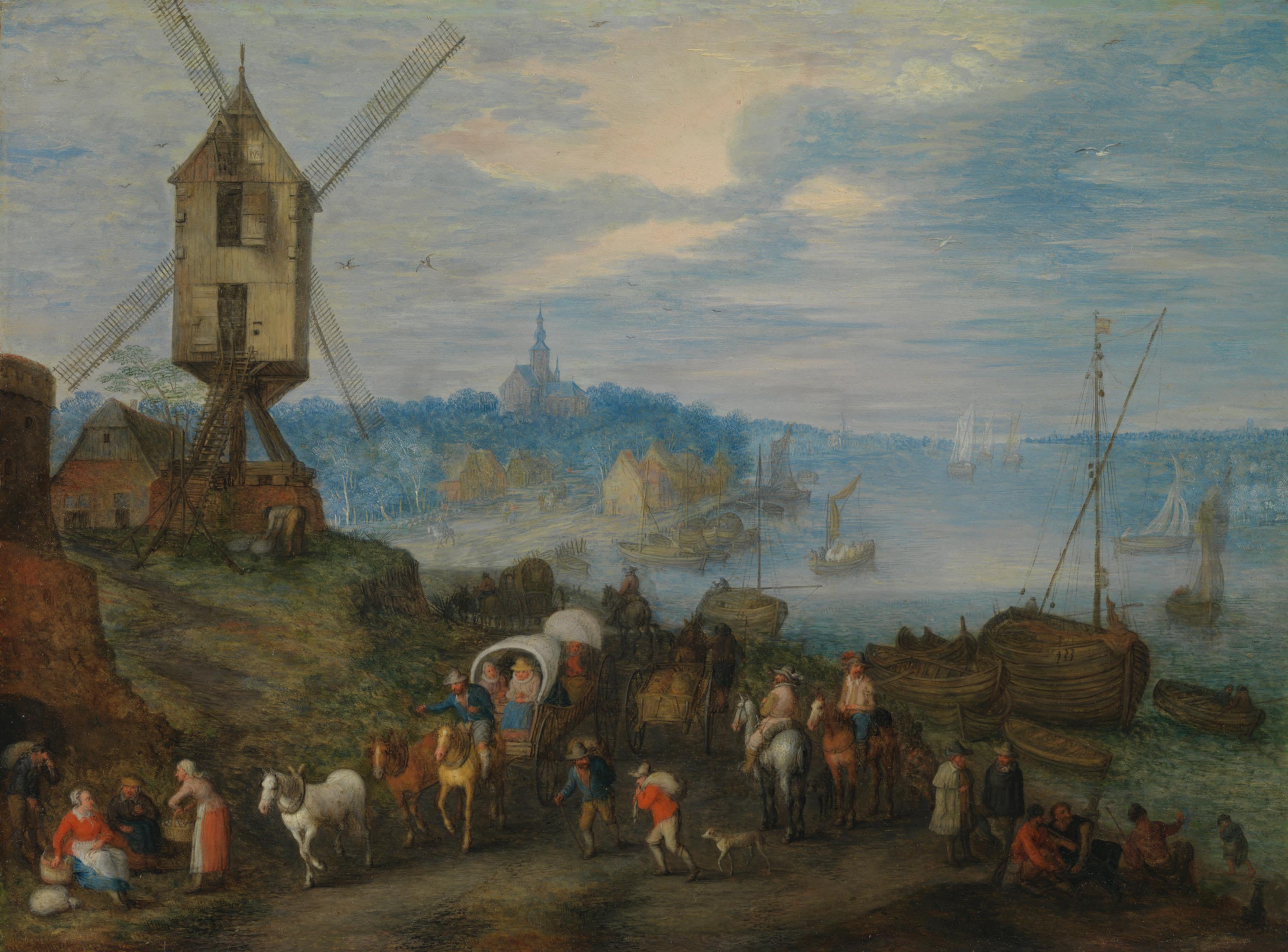 Flusslandschaft mit Mühle und Anlegestelle