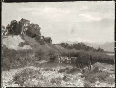 Landschaft mit Pferd an der Tränke