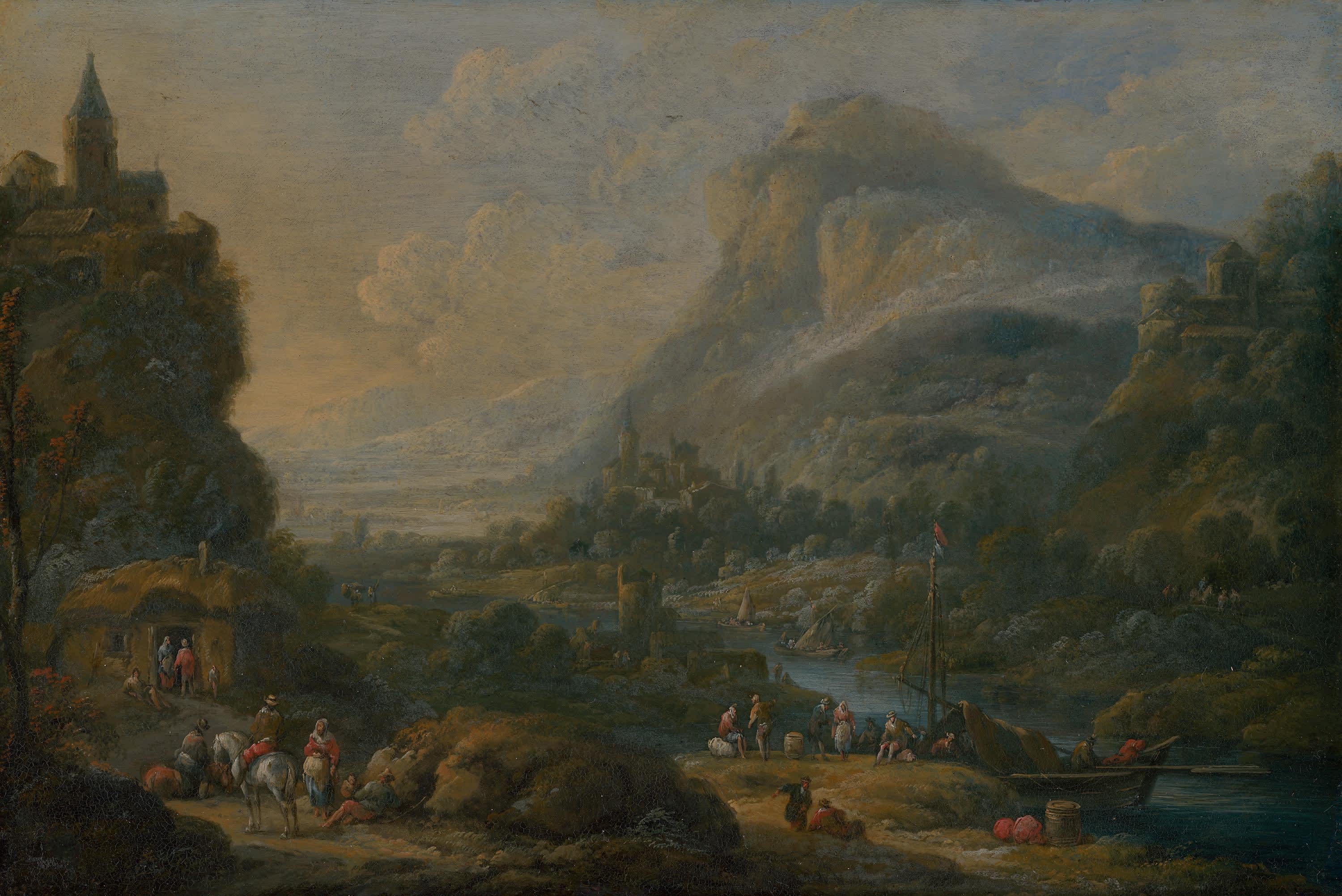 Flusslandschaft mit Ruine und Kirchdorf