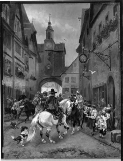 Abmarsch schwedischer Reiter aus Rothenburg ob der Tauber (Szene am Römerbogen)