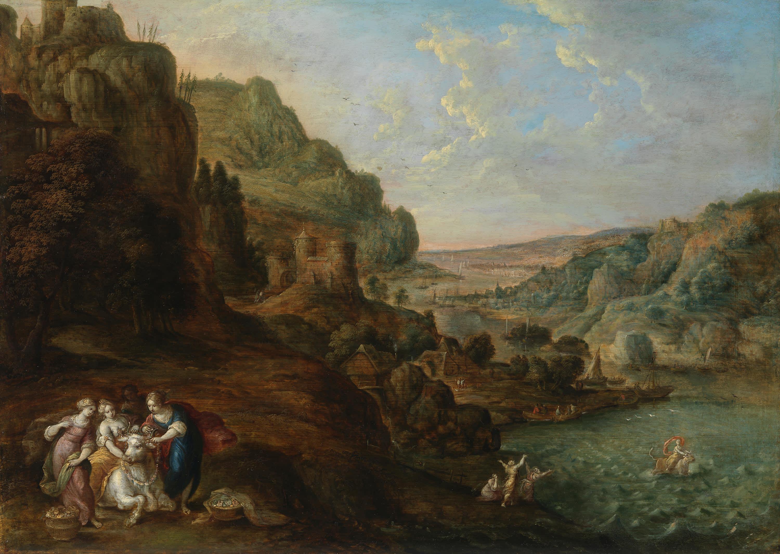 Küstenlandschaft mit Entführung der Europa (mit Staffagefiguren von Frans Francken II)