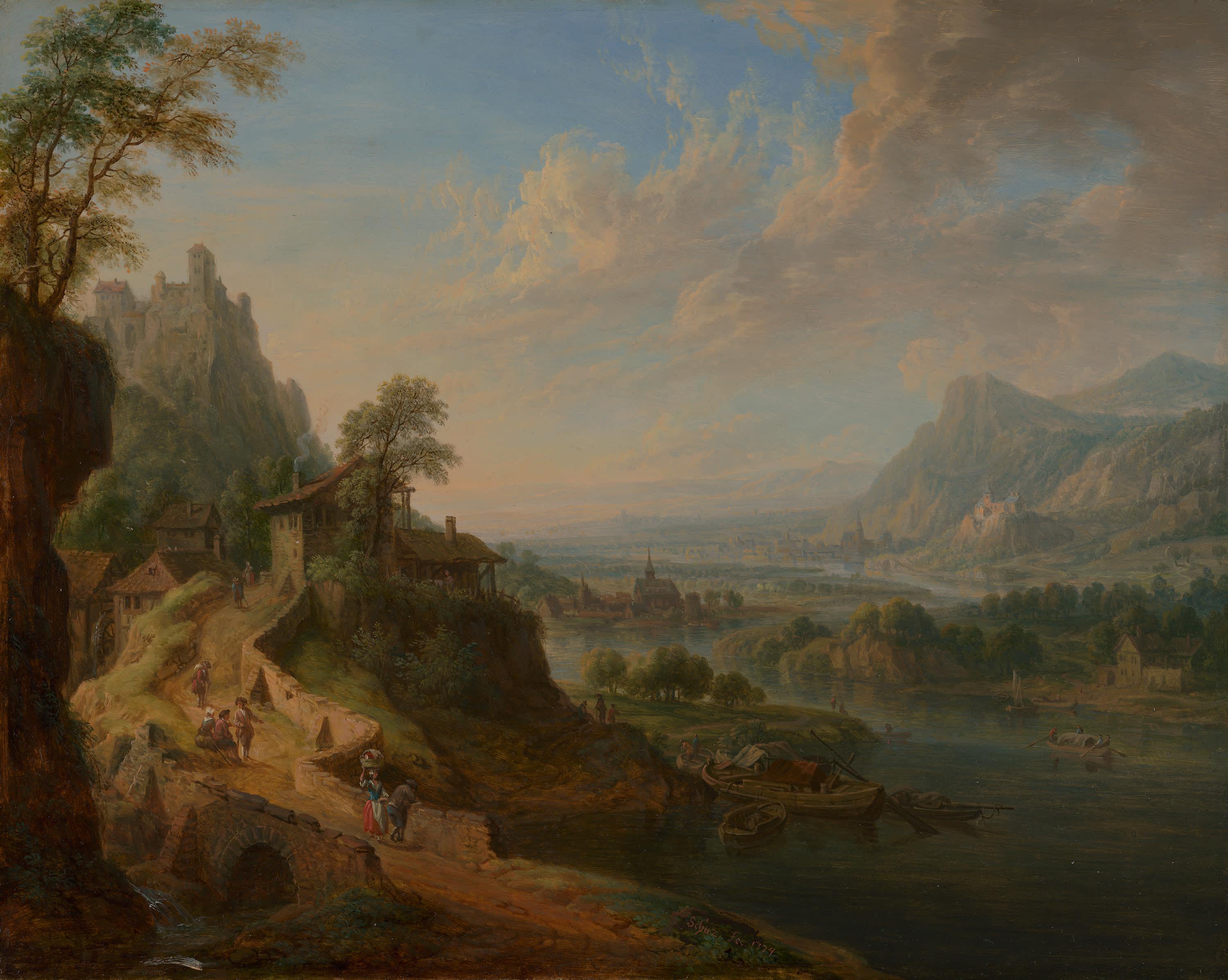 Flusslandschaft mit Mühle und Brücke