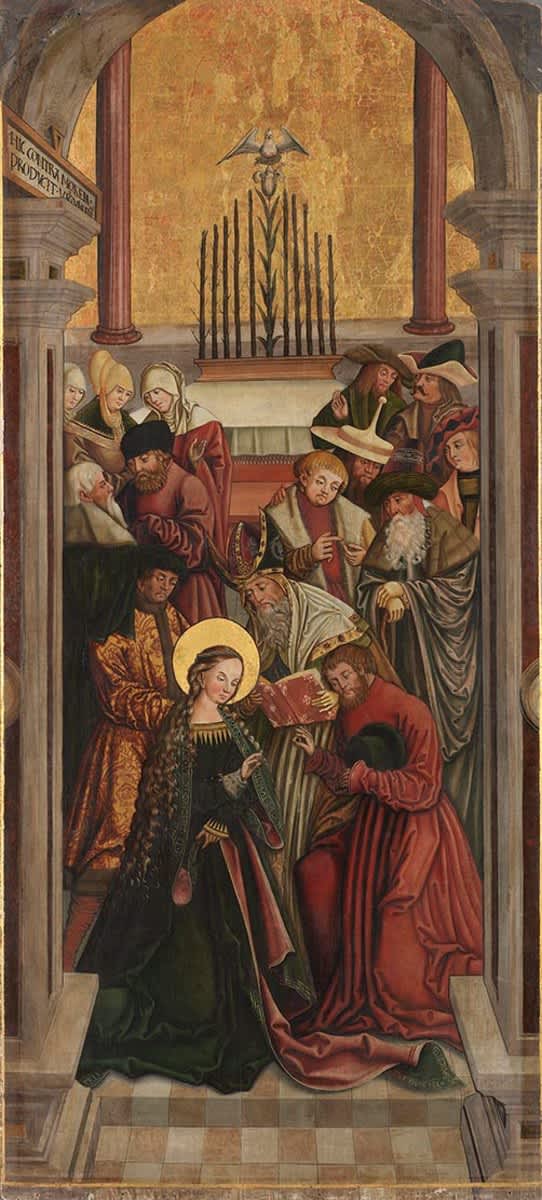 Rechter Altarflügel, Innenseite: Vermählung Mariens
Rückseite: Rosenkranz