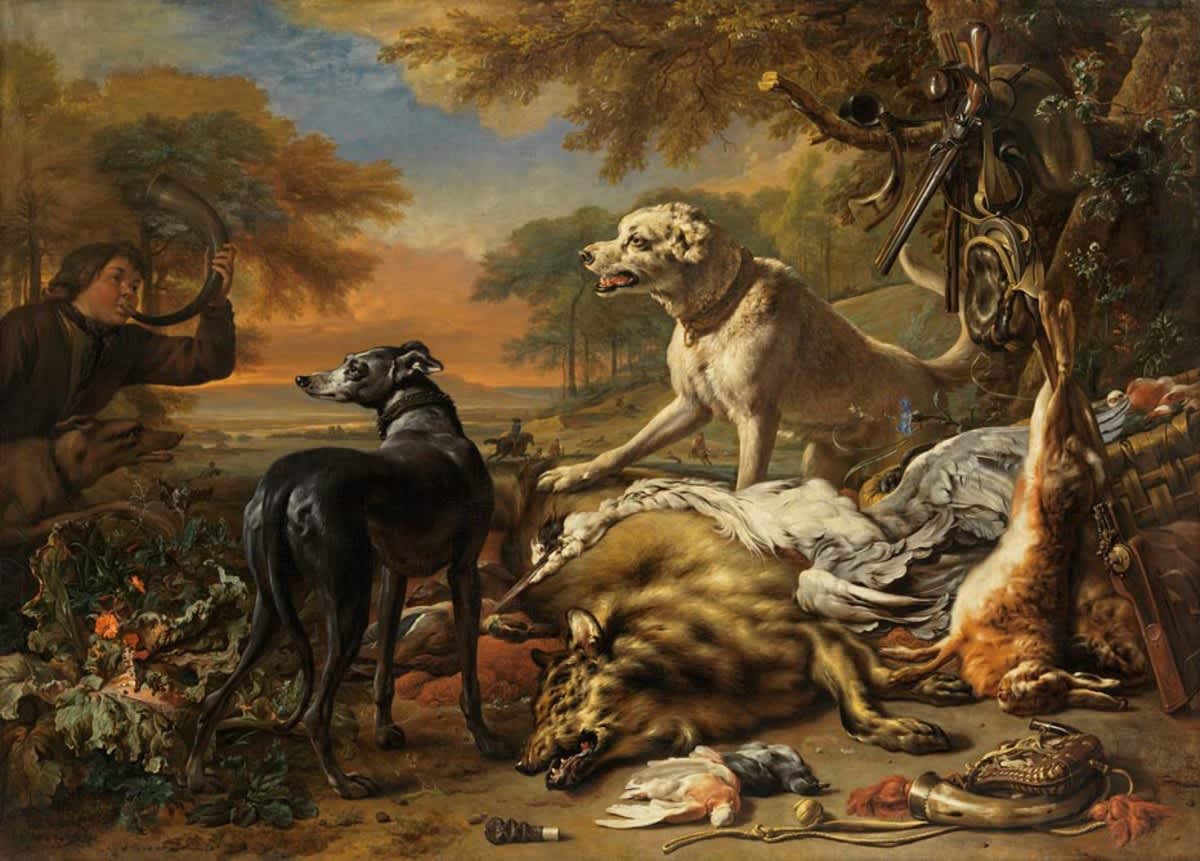 Jagdbeutestillleben mit Wolf