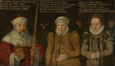 Bildnis des Kurfürsten Friedrich III. von der Pfalz (1515-1576) mit Gemahlinnen Maria von Brandenburg-Kulmbach und Amalia von Neuenar