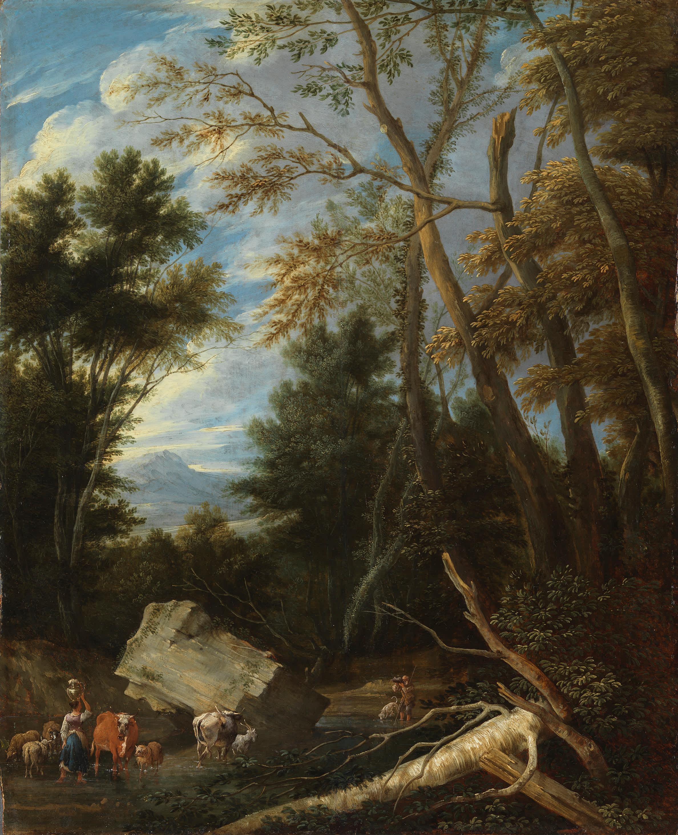 Waldweg mit Furt (Mit Staffagefiguren von Theobald Michau, 1676-1765)
