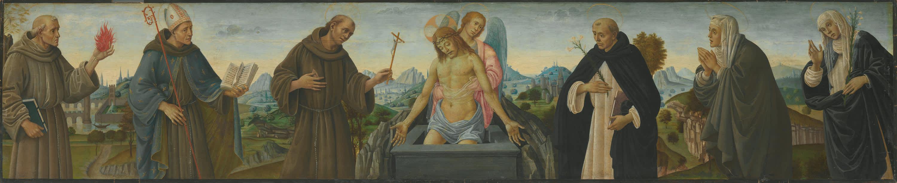 Schmerzensmann und sechs Heilige (Hll. Antonius von Padua, Ludwig von Toulouse, Franziskus, Dominikus, Klara und Katharina von Siena)