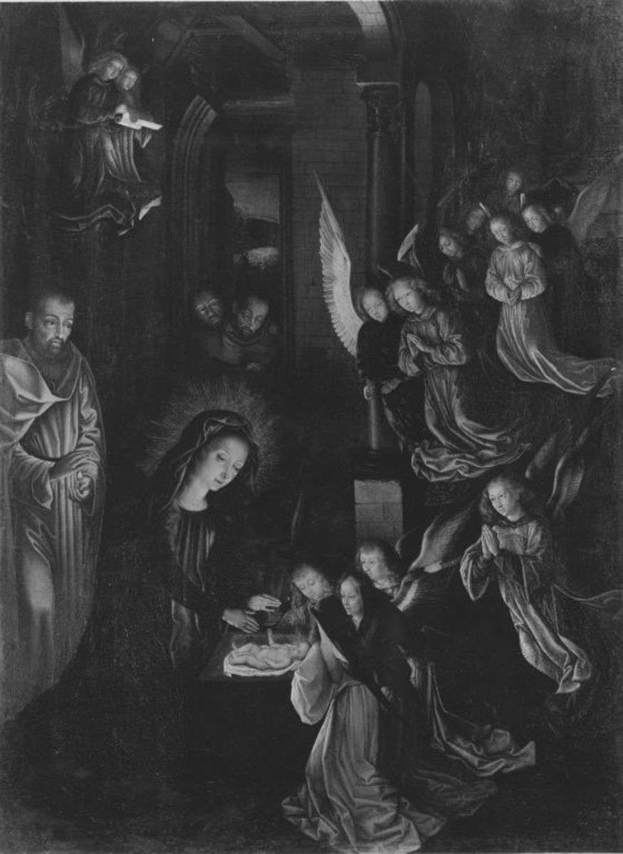 Geburt Christi (nach einem verlorenen Original von Hugo van der Goes)
(Rückseite: Wappen)