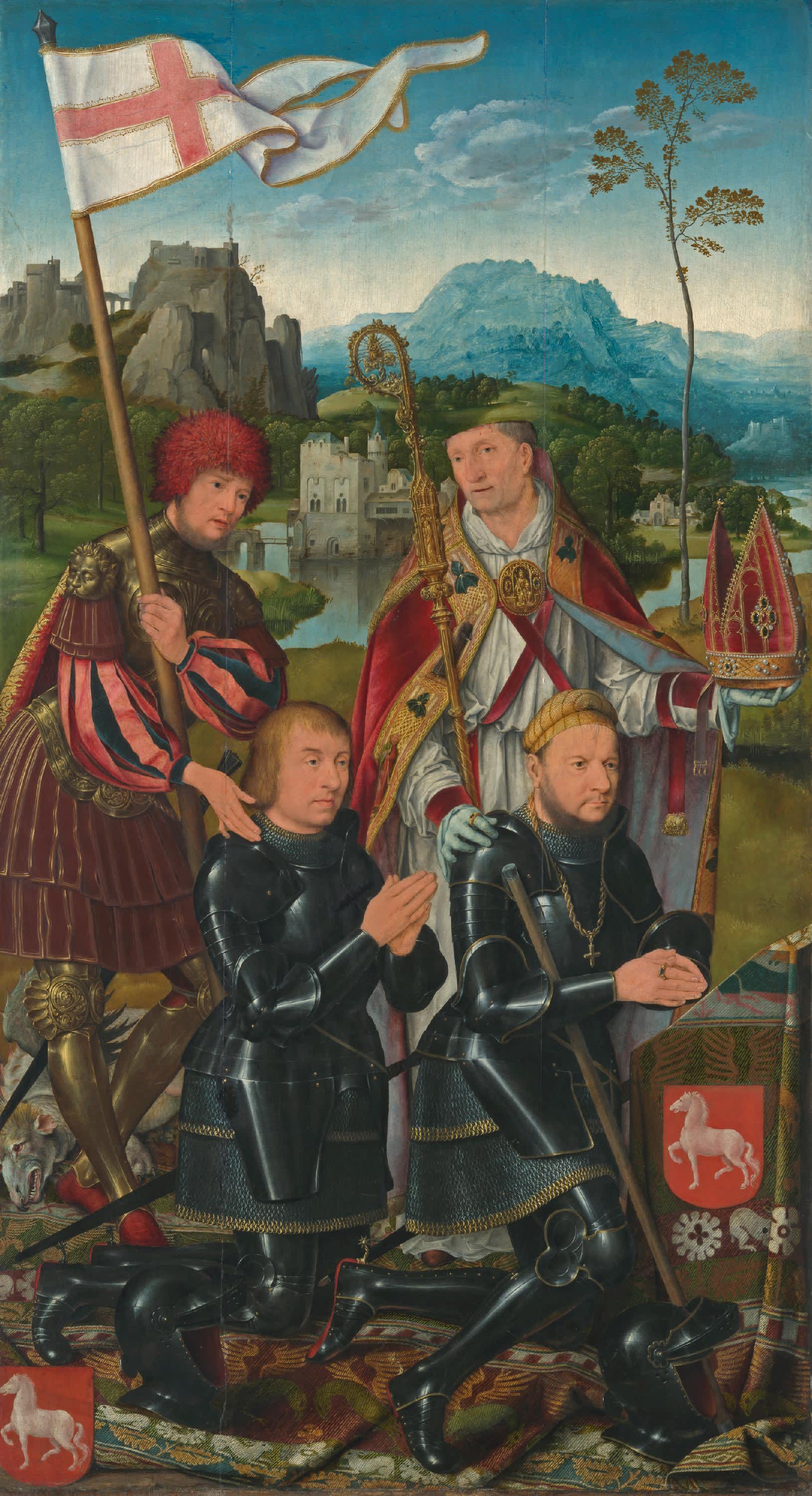 Marientod-Altar, linker Flügel: Die hll. Nicasius und Georg mit den Stiftern Nicasius und Georg Hackeney
Außenseite: Hll. Anna Selbdritt und Christophorus
