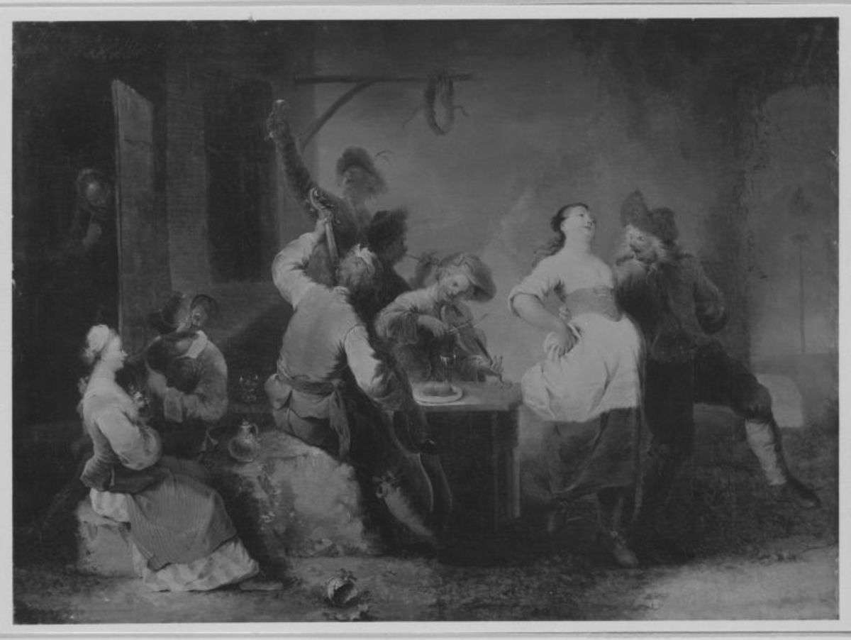 Tanzende Bauern vor der Schenke