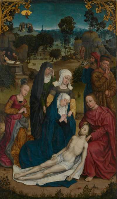 Kreuzigungsaltar: Beweinung Christi
Außenseite: Fragment eines Engels, eines Apostels und Stifters