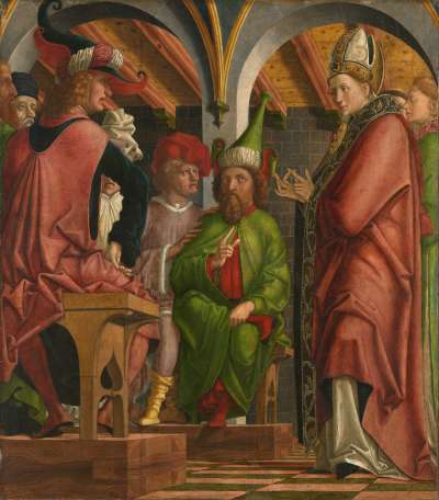 Kirchenväteraltar, Außenseite des linken Flügels (oben): Disputation des hl. Augustinus mit den Häretikern