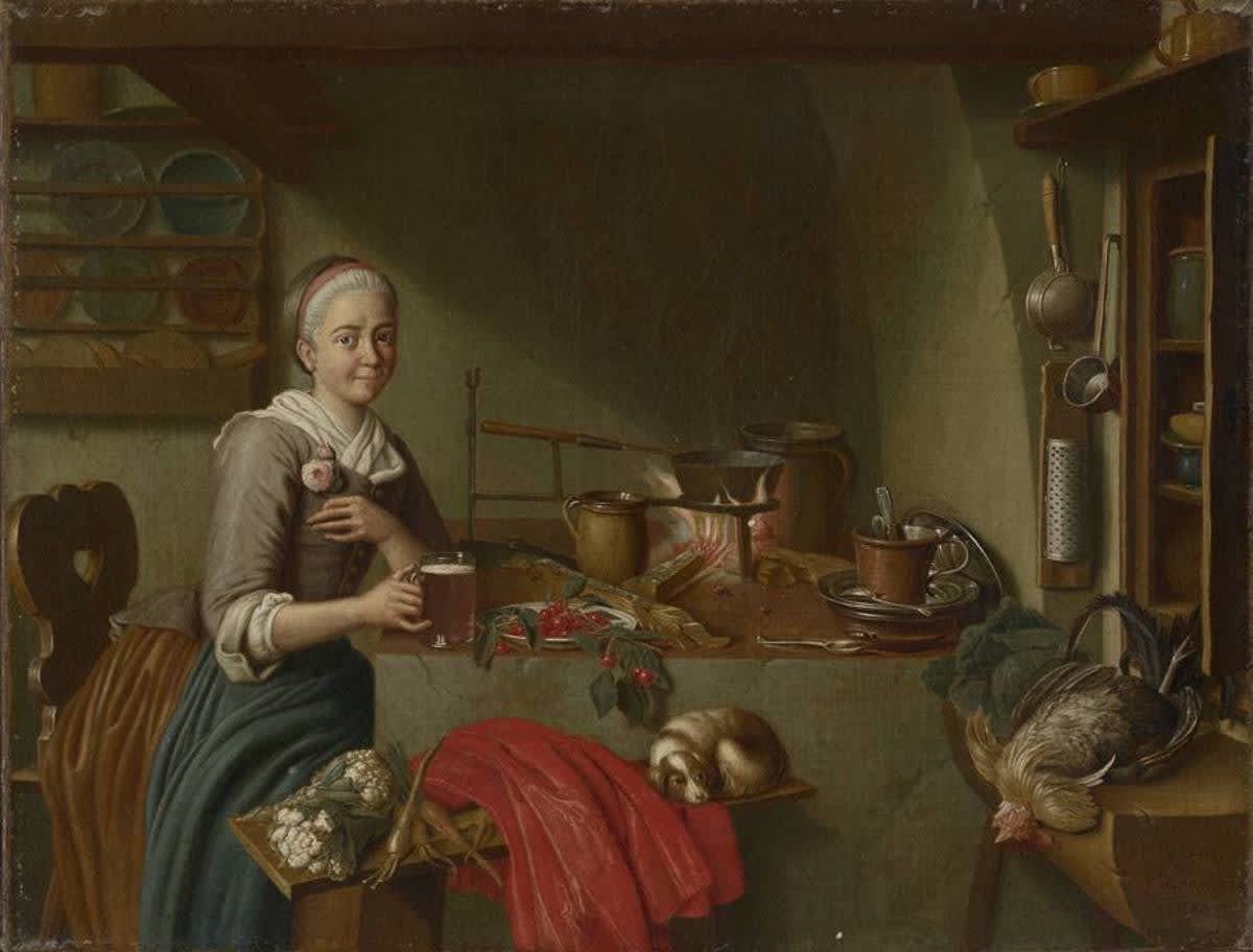 Kücheninterieur mit Biertrinkerin