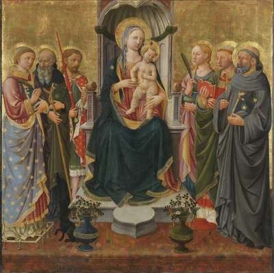 Thronende Madonna mit Kind und den hll. Laurentius, Antonius Abbas, Julian, Lucia, Cyriacus und Johannes Gualbertus (Sacra Conversazione)