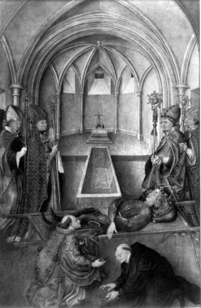 Tabula Magna: Bestattung des hl. Quirin (Fleischwunder in der Tegernseer Krypta)
(Abgetrennte Rückseite: Entkleidung Christi)
