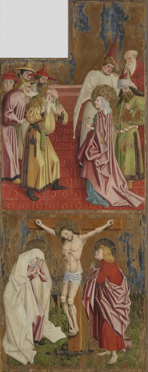 Kreuzaltar, Flügelaußenseite: Die Kaiserin Helena befragt die Juden und Kreuzigung Christi