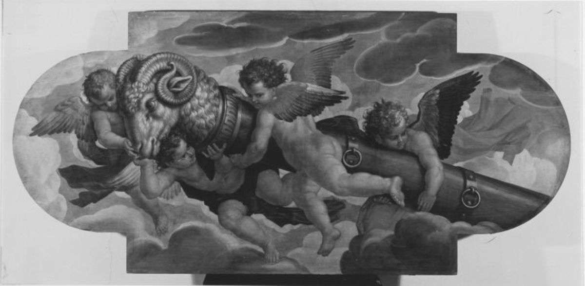 Zwei Engel mit Waffen und Mauerbrechern