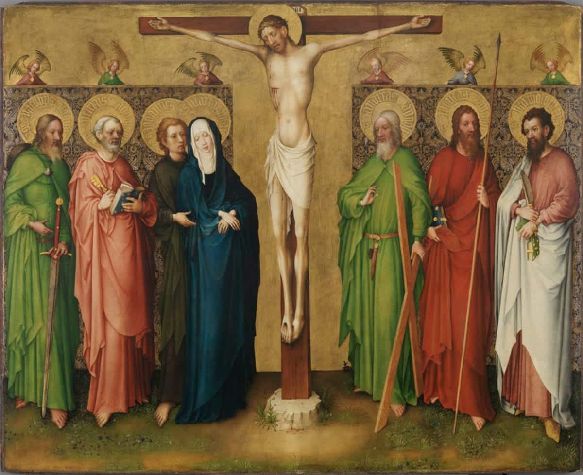 Kreuzigungsaltar: Christus am Kreuz, Maria und die Apostel Jakobus d. Ä., Petrus, Johannes Ev. Andreas, Thomas und Bartholomäus