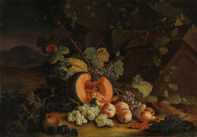 Stillleben mit halbierter Melone und Weintrauben