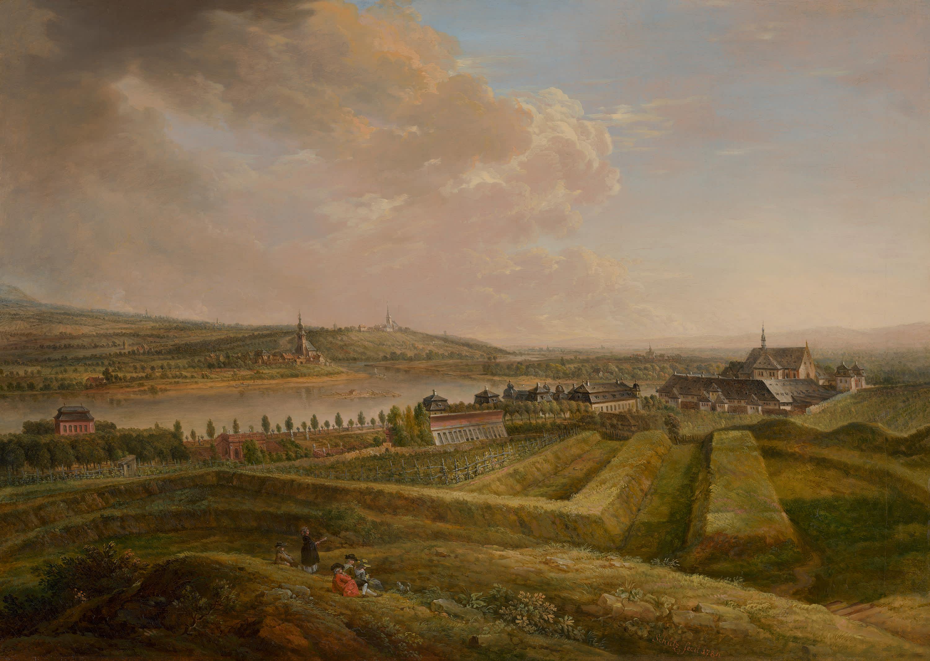 Blick von Mainz nach Südosten auf Schloss Favorite und die Kartause