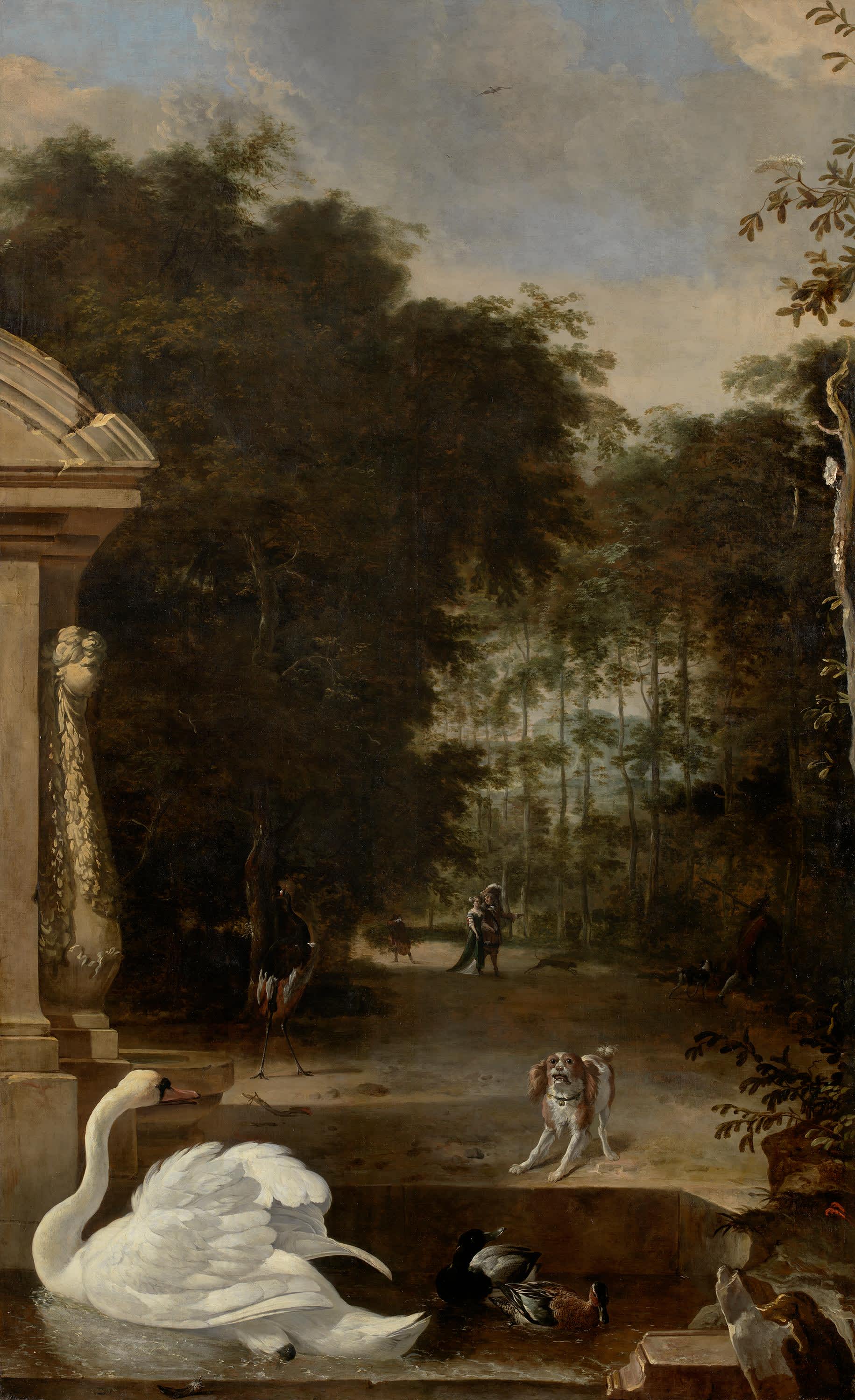 Vogelpark mit Schwan und Hund