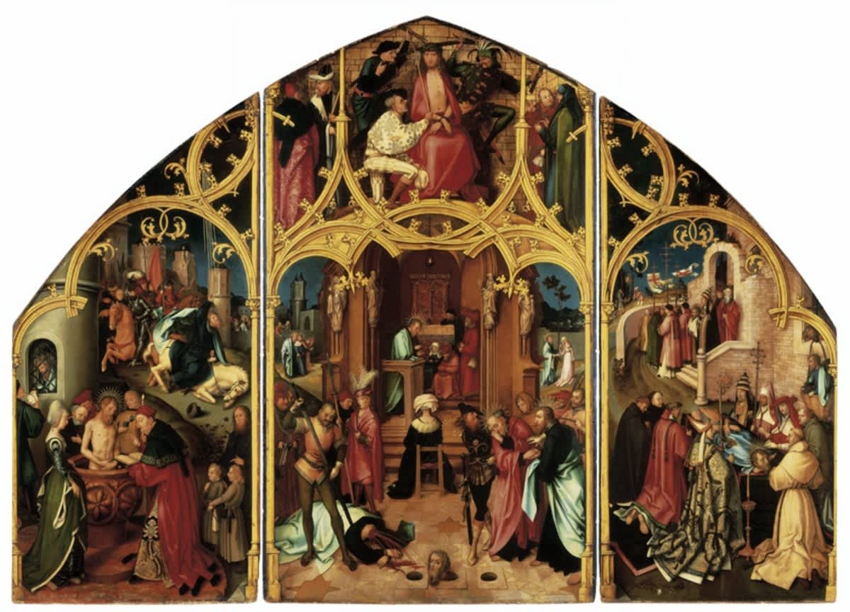 Basilika San Paolo fuori le mura, Mitteltafel: Dornenkrönung Christi, Predigt, Enthauptung und weitere Szenen aus der Legende des hl. Paulus