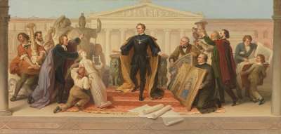 König Ludwig I., umgeben von Künstlern und Gelehrten, steigt vom Thron, um die ihm dargebotenen Werke der Plastik und Malerei zu betrachten