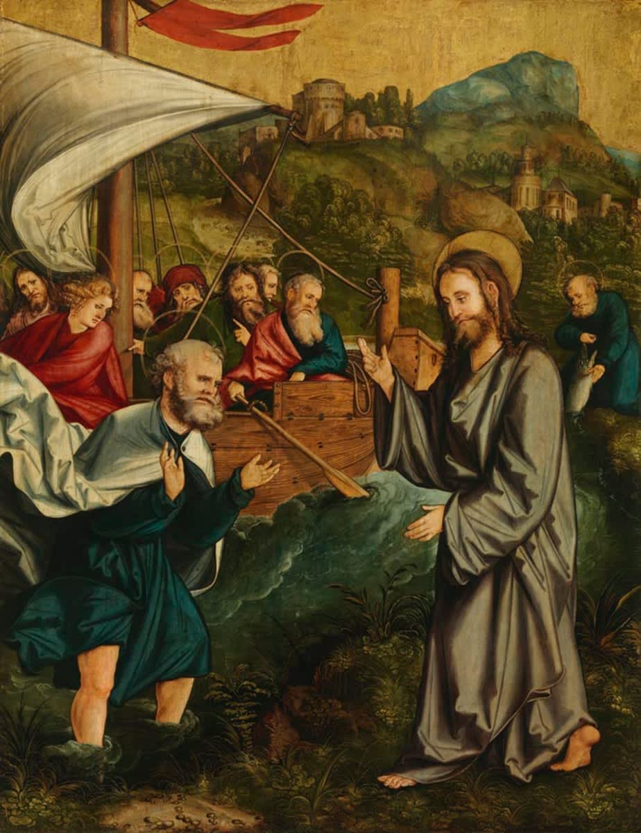 Christgartner Altar: Christus und Petrus am See Genezareth und Petrus, der den Zinsgroschen im Maul des Fisches findet