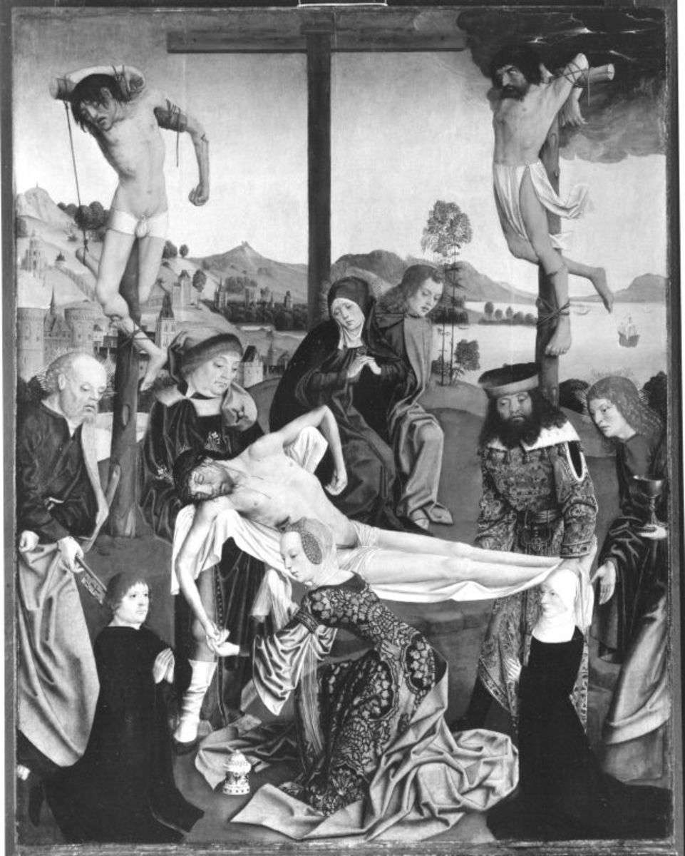 Flügelaltar, Mitteltafel: Grabtragung Christi mit den hll. Petrus, Johannes Ev. und zwei Stiftern