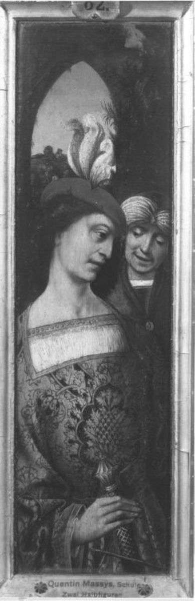 Flügel eines Triptychons: Zwei junge Männer mit Federbarett