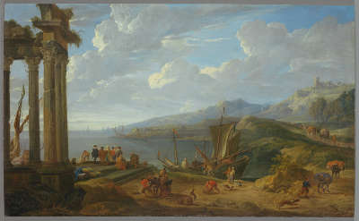 Tempelruine an Meeresbucht