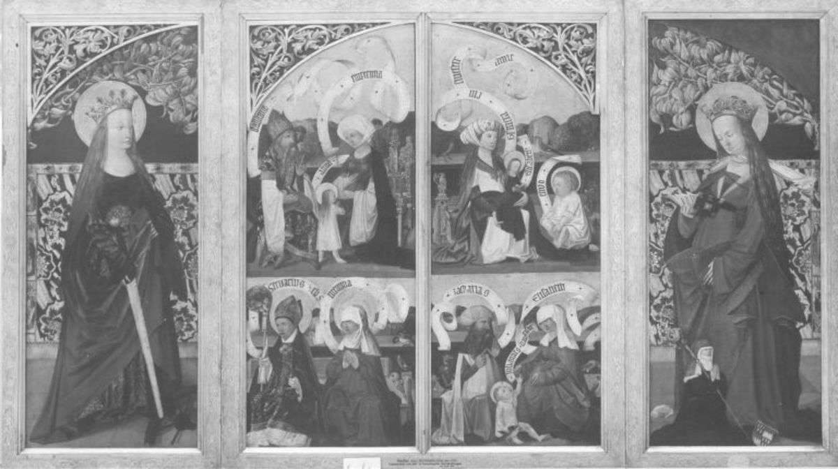 Kirchheimer Sippenaltar, Flügel: Esmeria mit Elisabeth und Eliud; Zacharias mit Elisabeth und Johannes d. T.; Stollanus mit Emerentia und Anna, Memelia mit dem Bischof Servatius