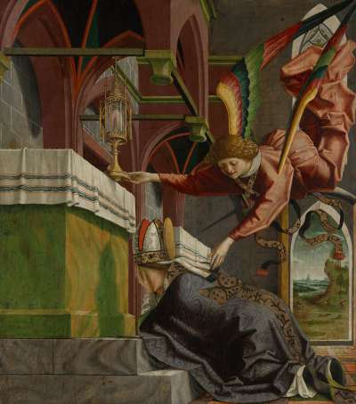 Kirchenväteraltar, Außenseite des rechten Flügels (unten): Dem hl. Sigisbertus erscheint ein Engel mit dem Herzen des hl. Augustinus