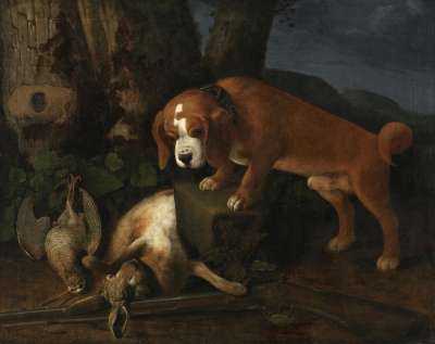 Stehender Hund mit Jagdbeute