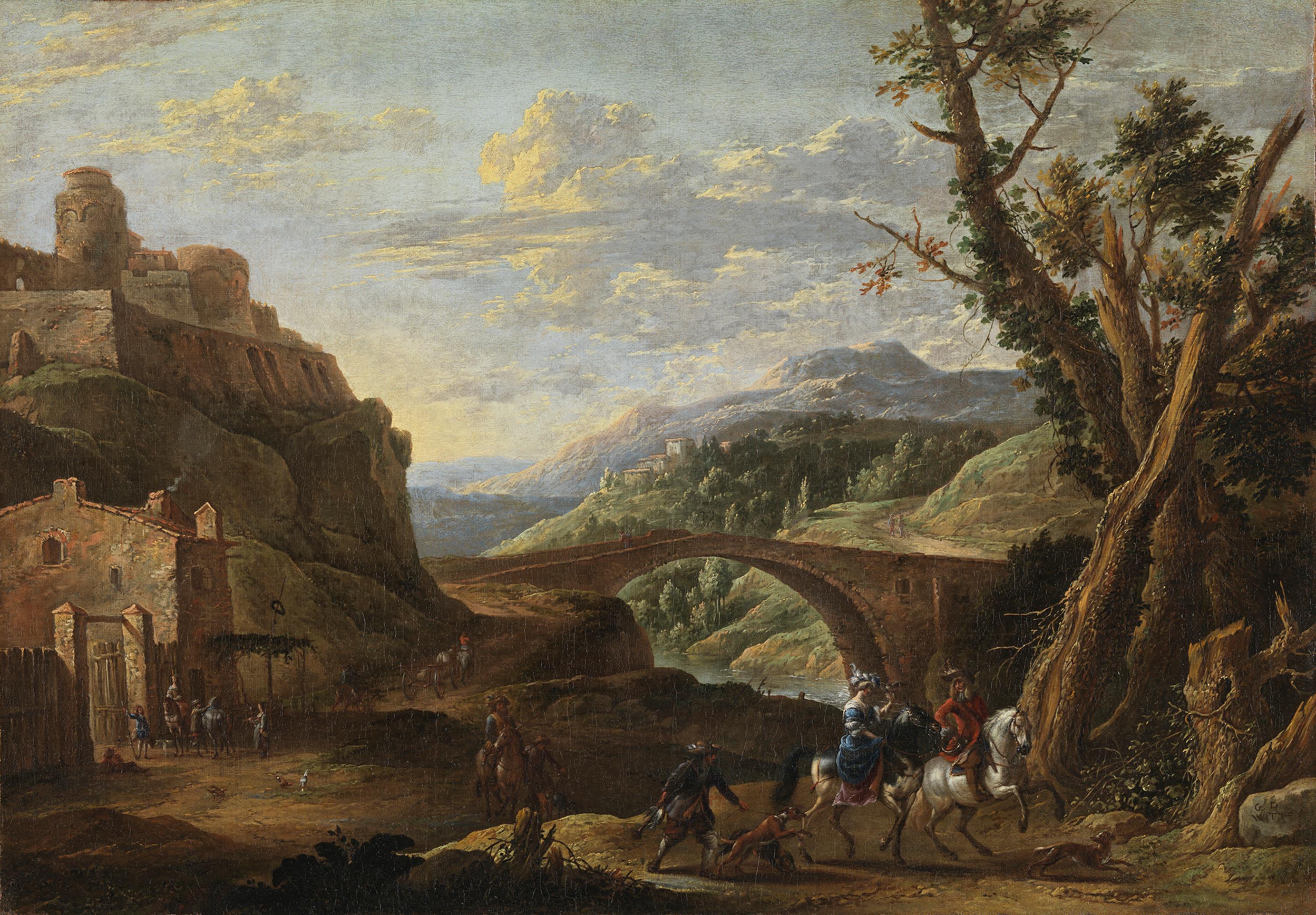 Gebirgslandschaft mit Brücke und Burg