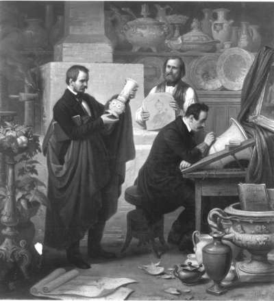 Ein innerer Raum der Porzellanmalereianstalt in München, in welchem der Inspektor und einige Künstler beschäftigt sind